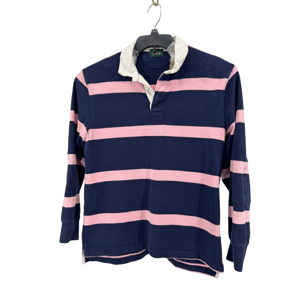 J.Crew Rugby Shirt Mens Medium Oarsman Navy Pink Striped Elbow Patches Preppy